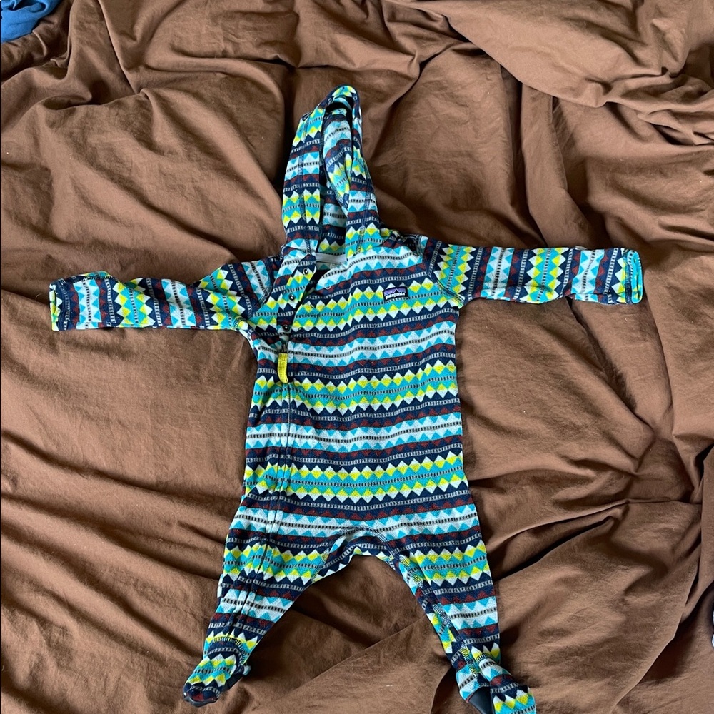 Patagonia Kids Hooded Footie in Blue, Green & Navy Geometric Print
